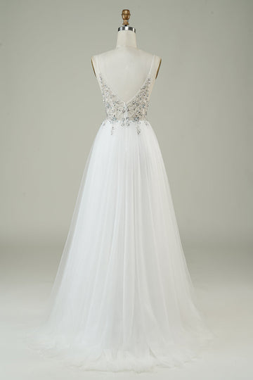 Precioso A Line Spaghetti Straps White Tulle Long Wedding Dress con abalorios